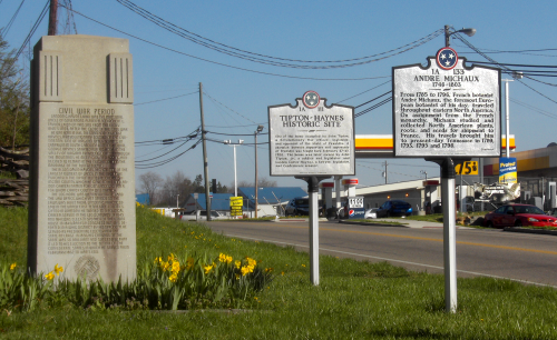 Three historical markers in one shot along route US-11E, at the Tipton-Haynes Historic site, Johnson City, TN