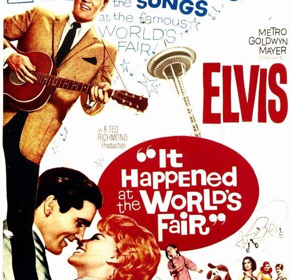 A poster of Elvis playing the guitar with ladies singing in the background.