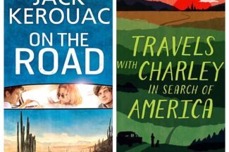 The cover of two books: Jack Kerouac on the Road & Travels with Charley in Search of America.
