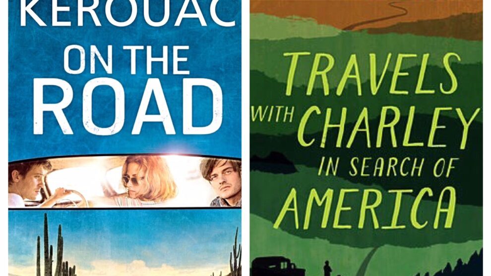 The cover of two books: Jack Kerouac on the Road & Travels with Charley in Search of America.
